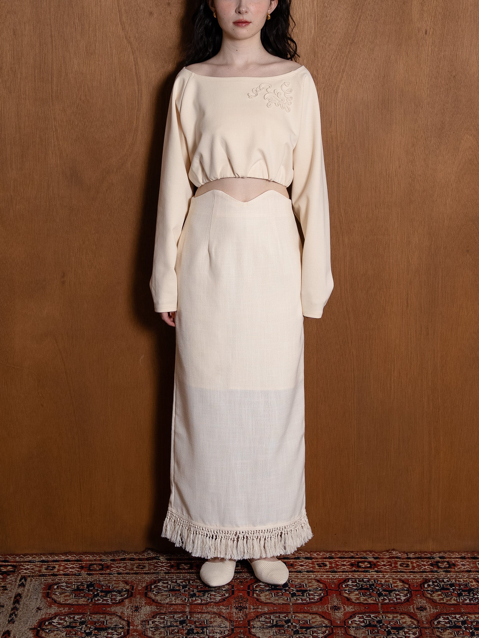 fringe high waist skirt / ivory