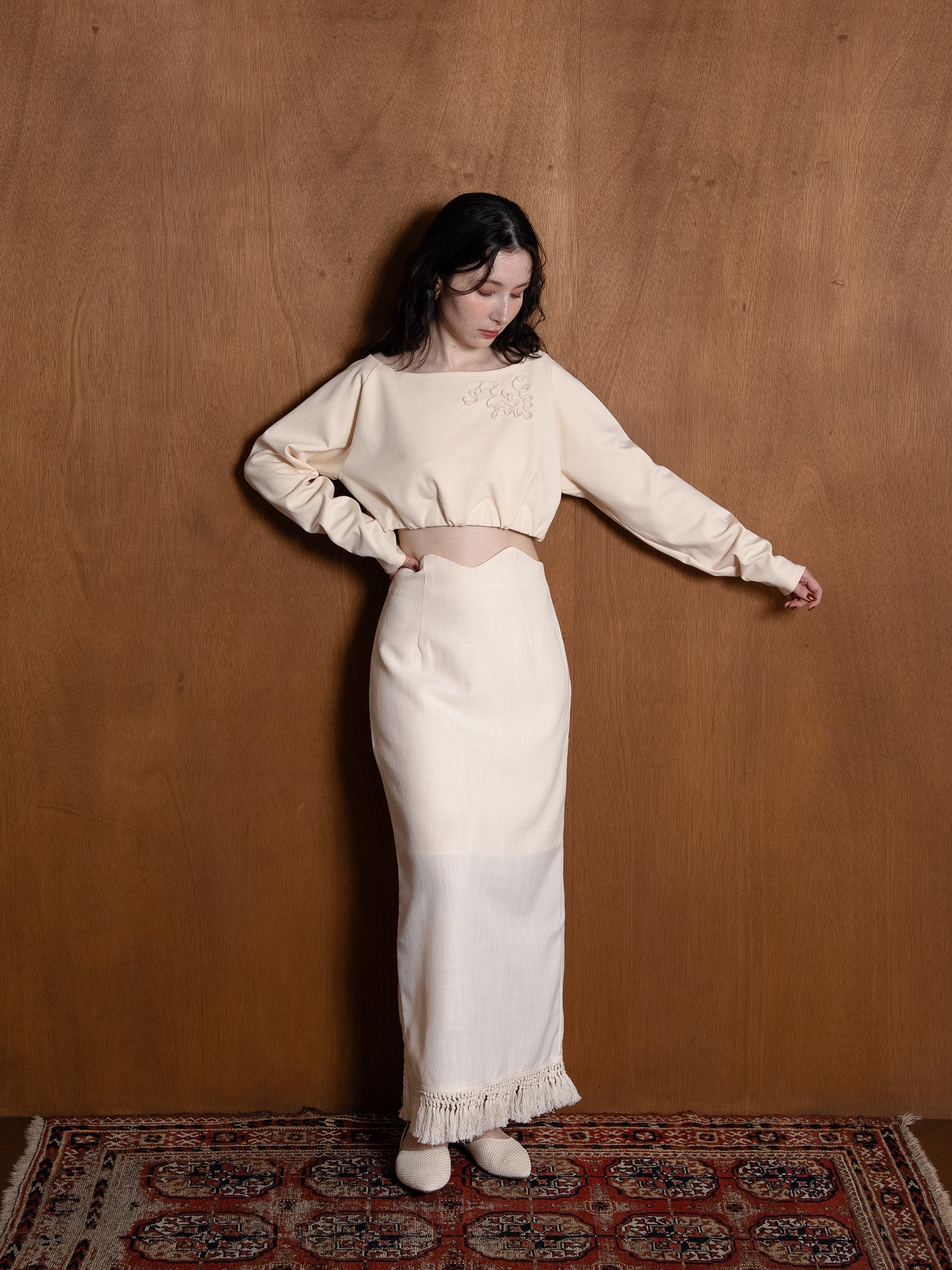 fringe high waist skirt / ivory