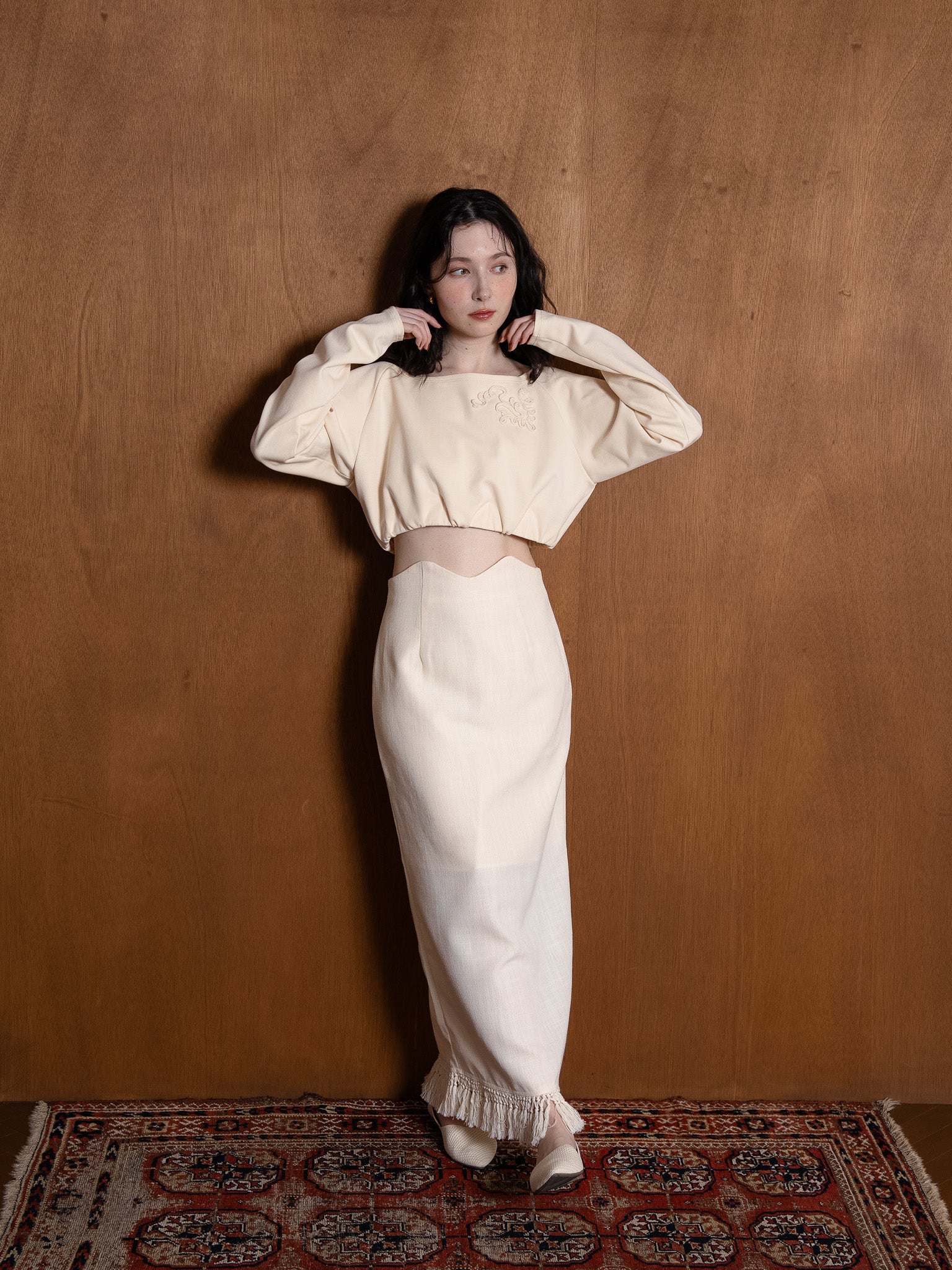 fringe high waist skirt / ivory