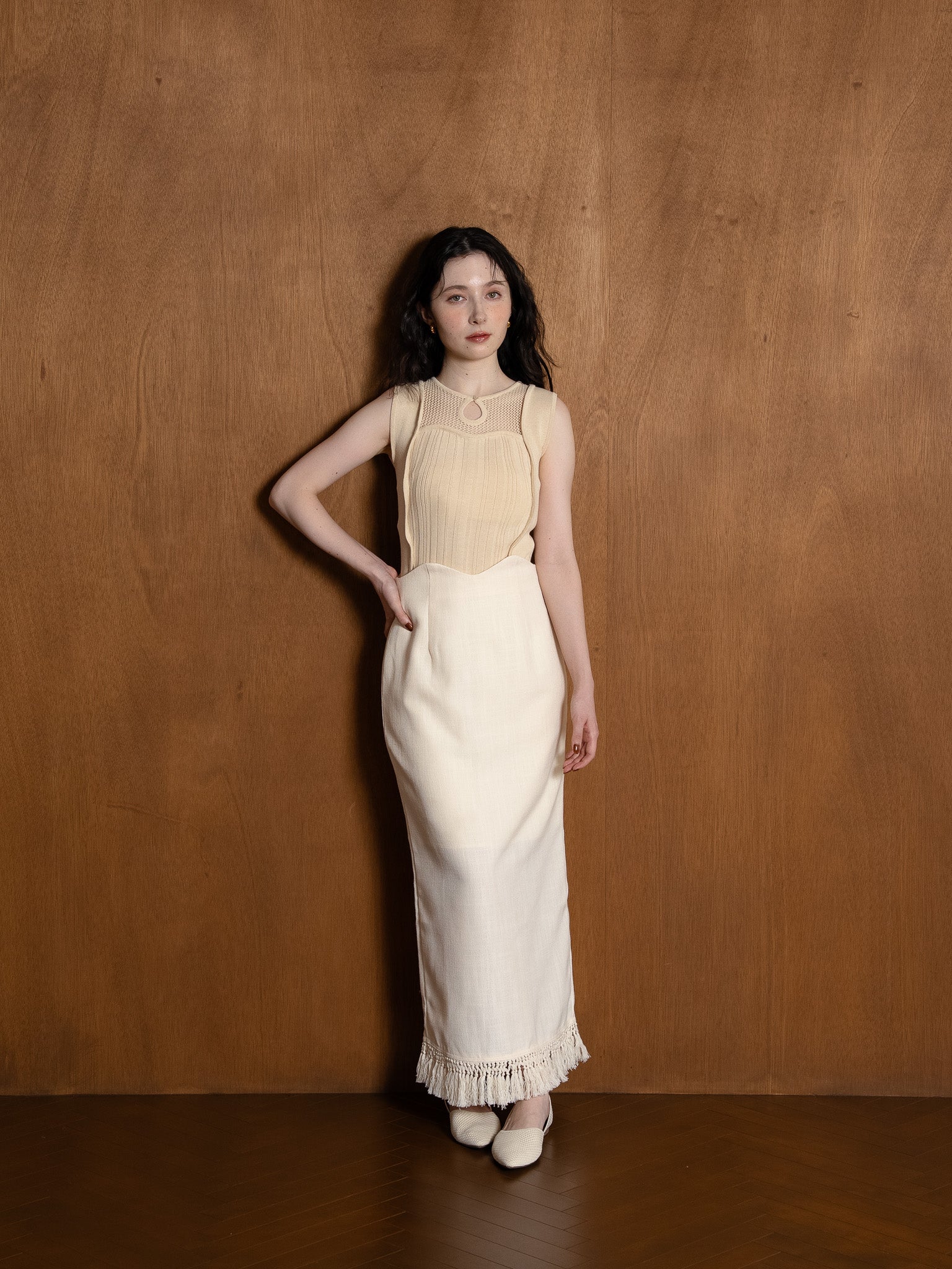 wave design knit tank-top / ivory