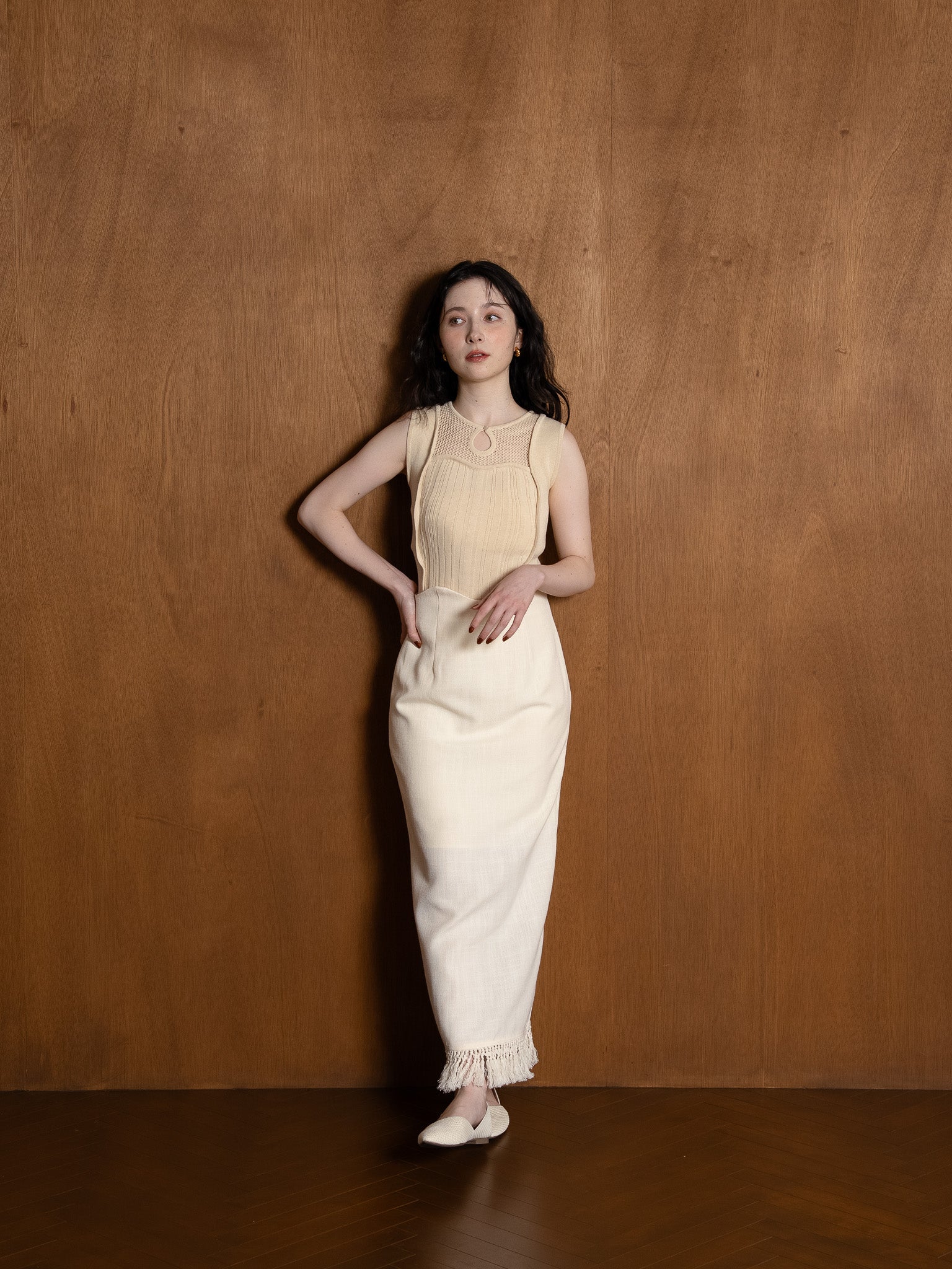 wave design knit tank-top / ivory