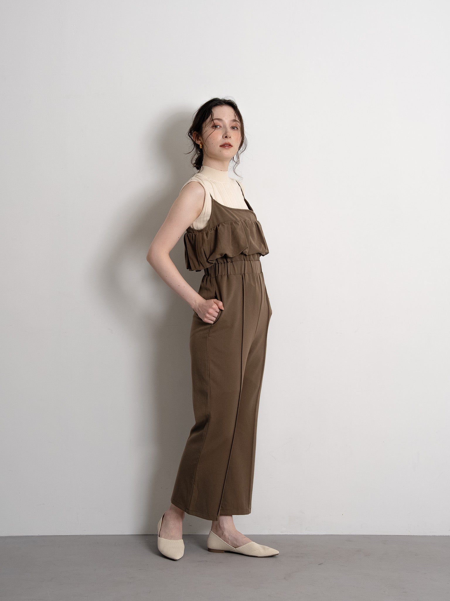 balloon camisole overalls / ash brown