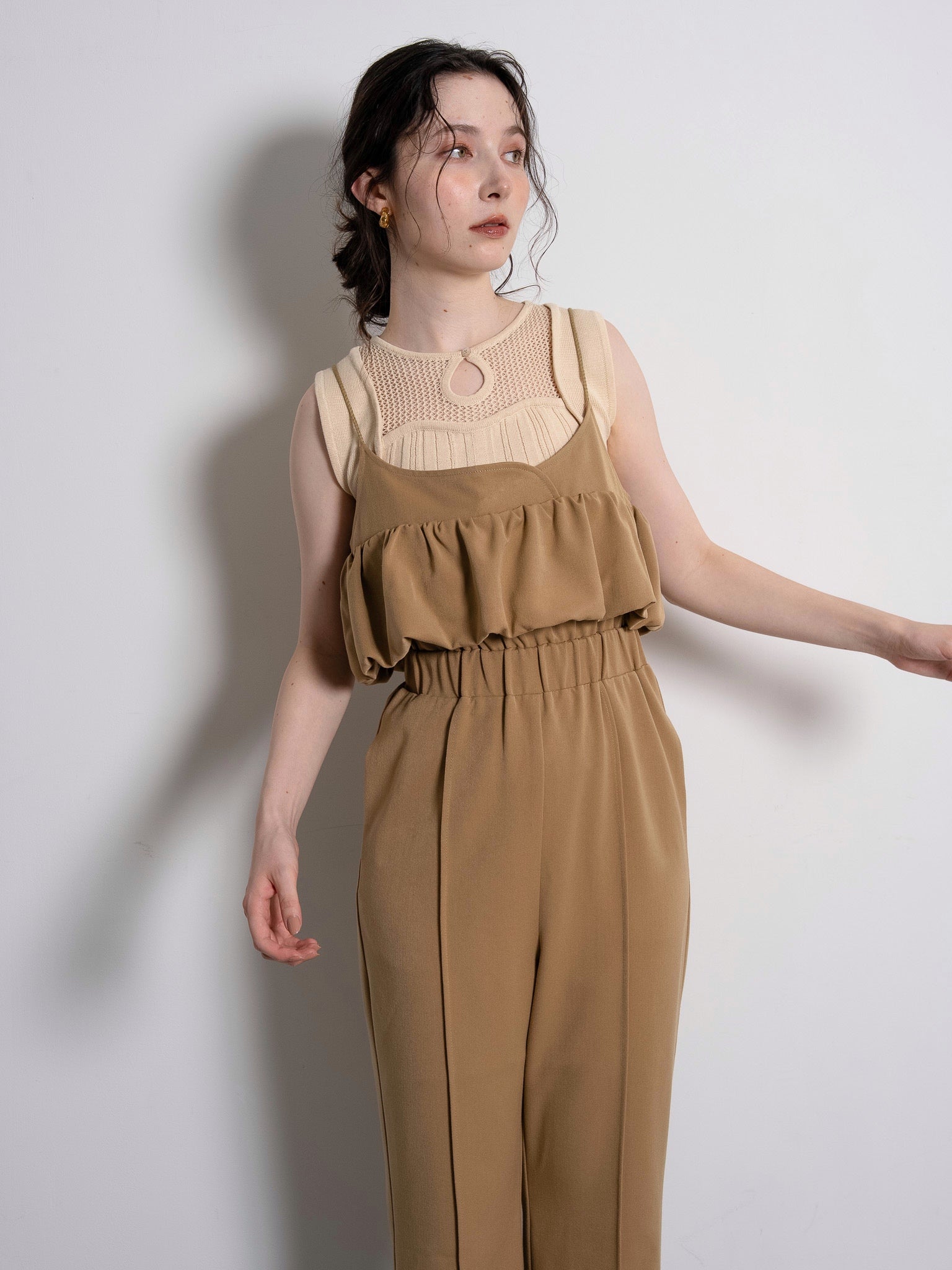 balloon camisole overalls / light brown
