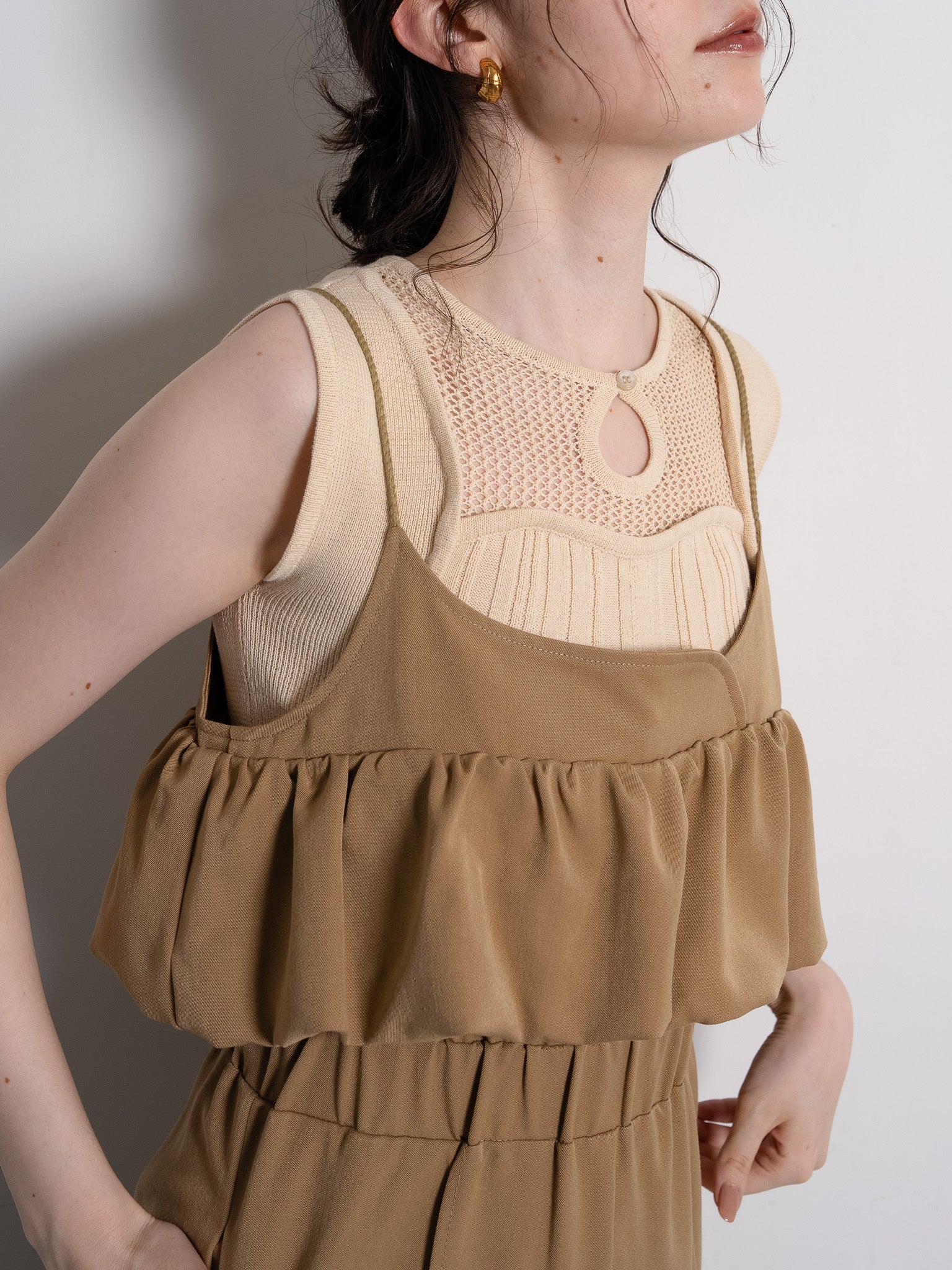 balloon camisole overalls / light brown