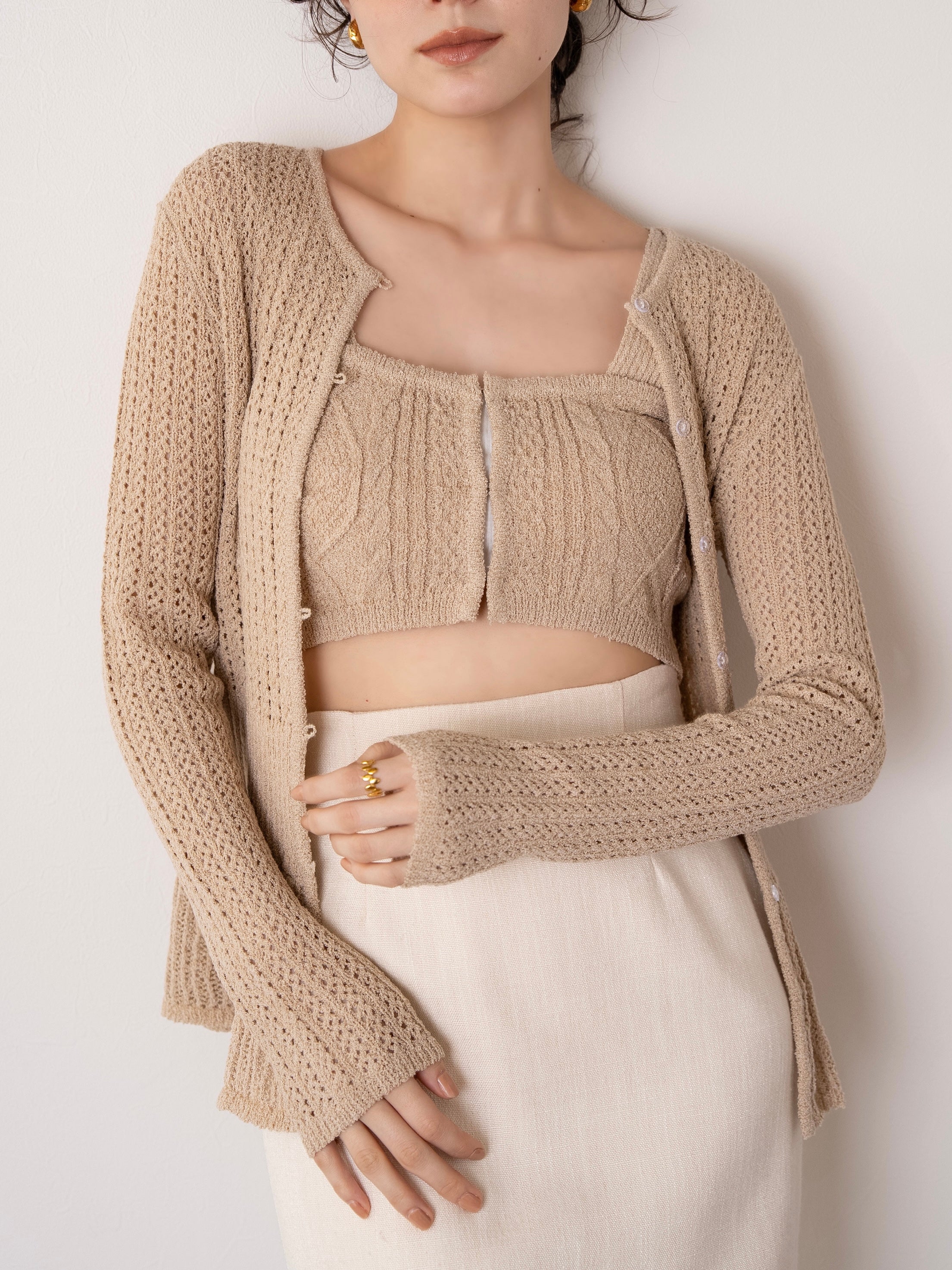 rattan design knit bustier set / beige