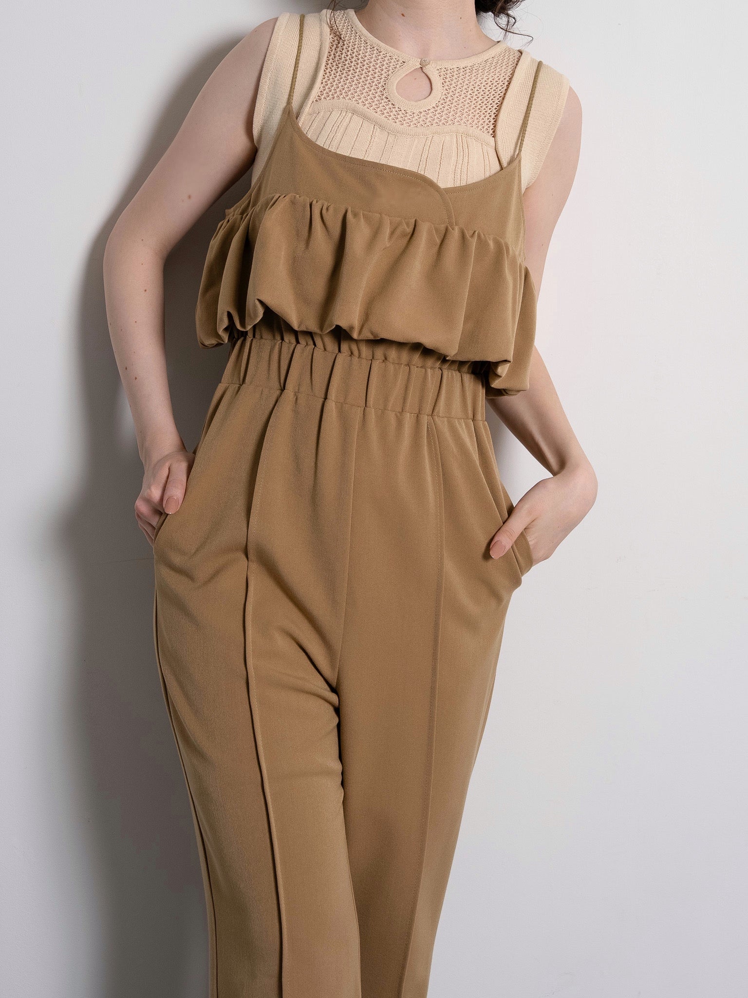 balloon camisole overalls / light brown
