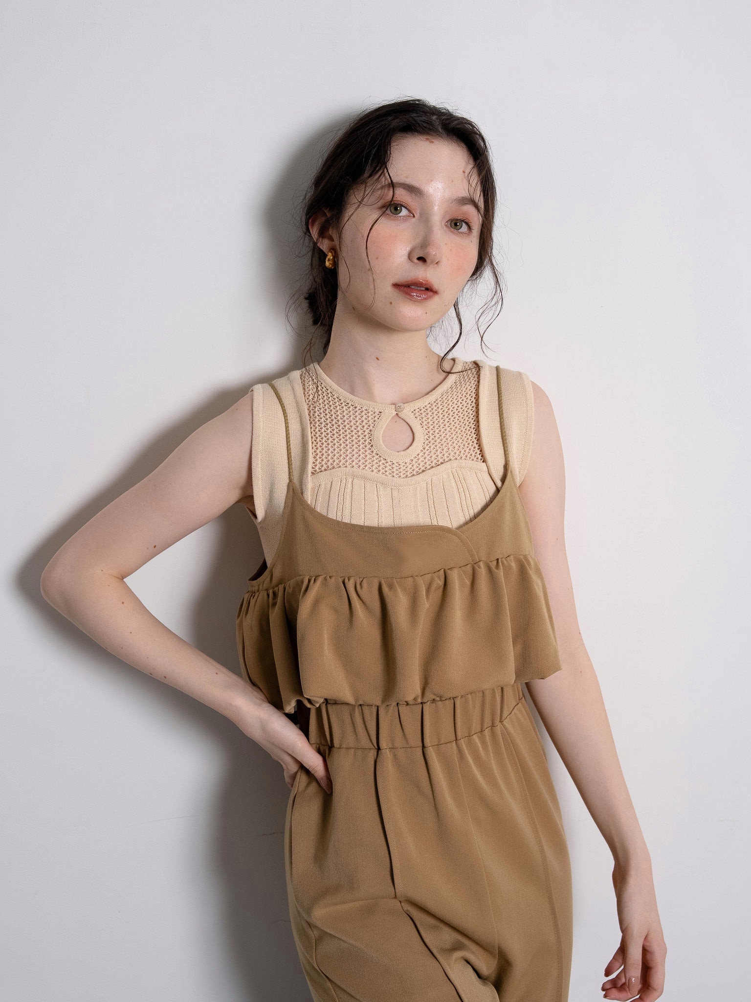 balloon camisole overalls / light brown