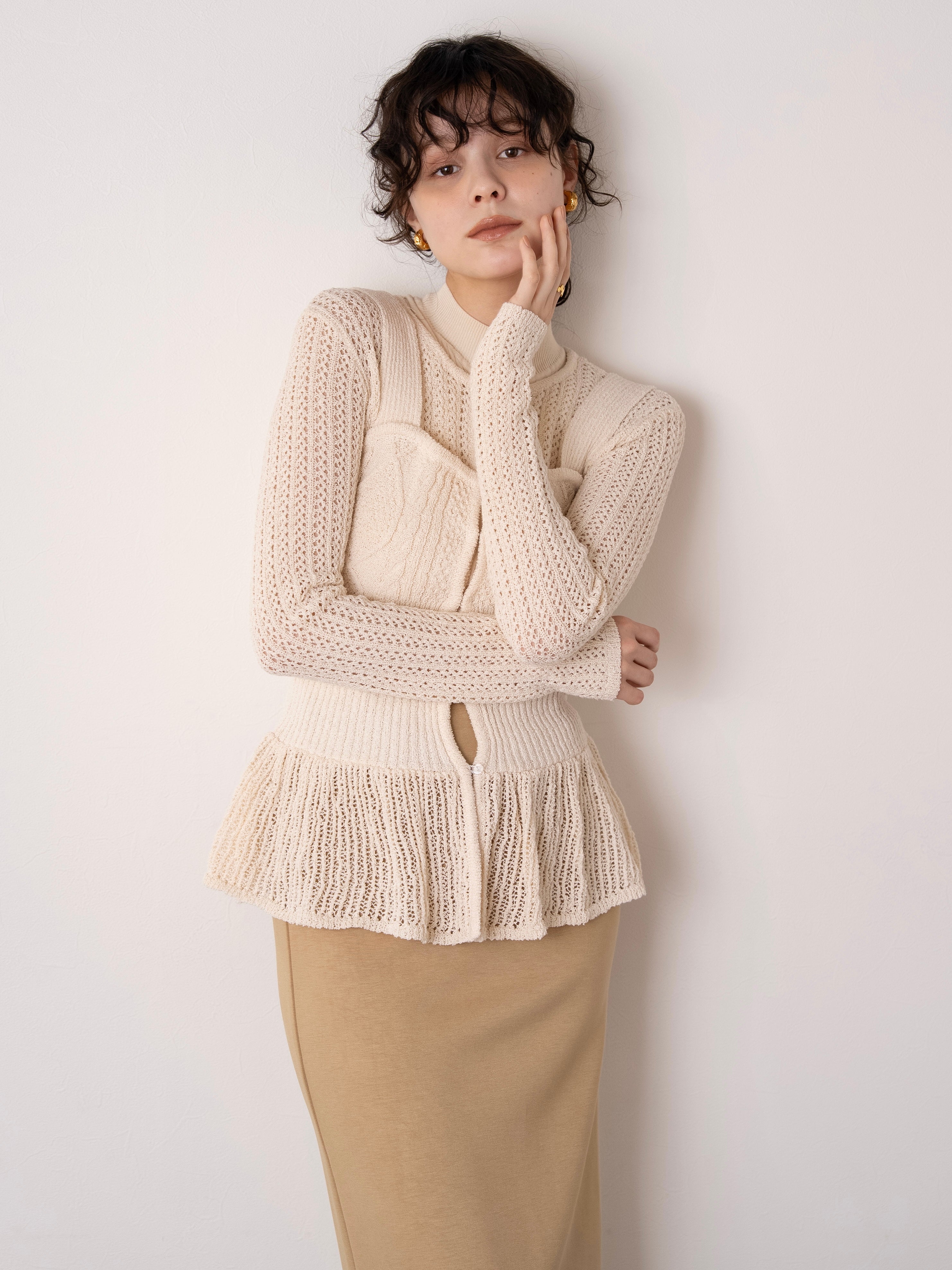 rattan design knit bustier set / ivory