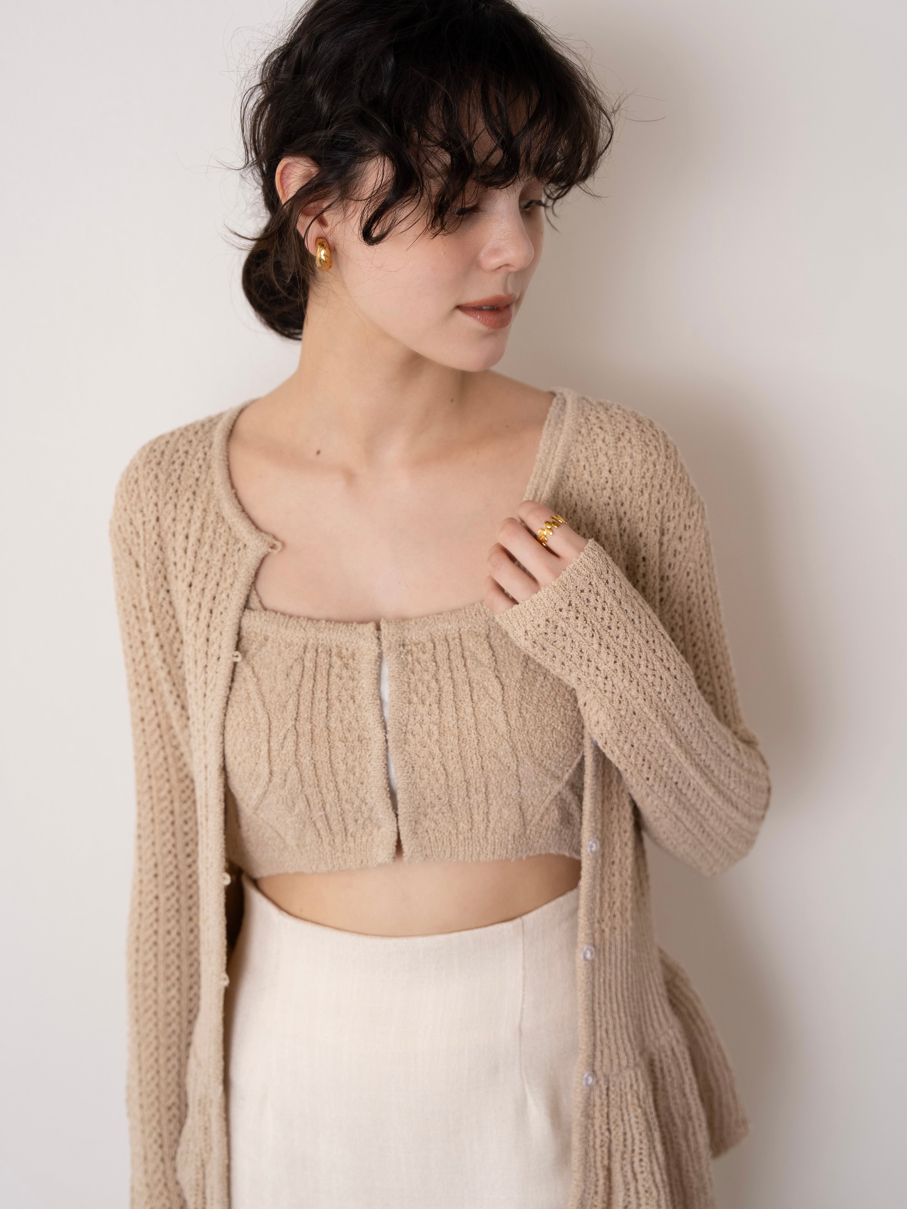 rattan design knit bustier set / beige