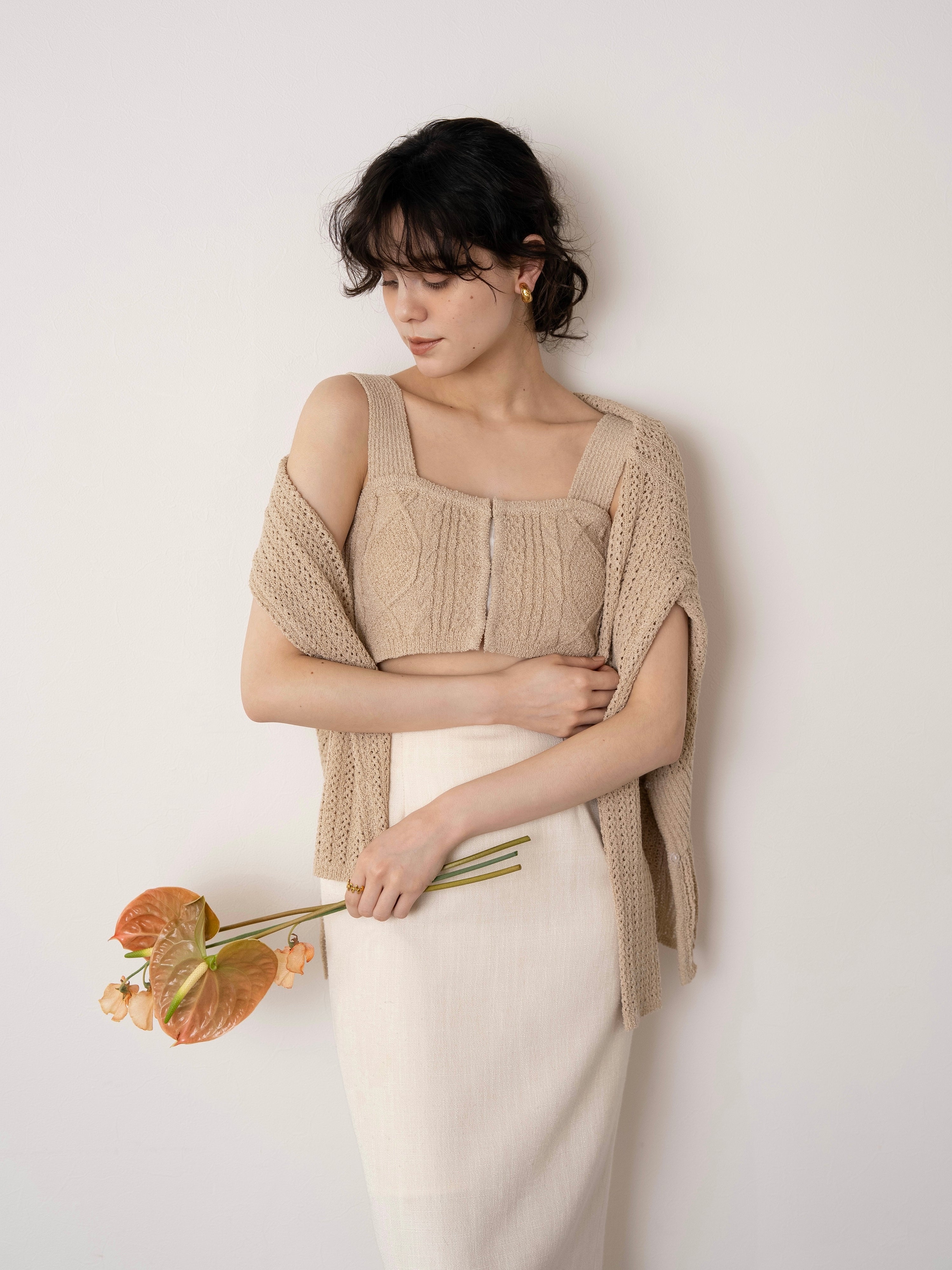 rattan design knit bustier set / beige