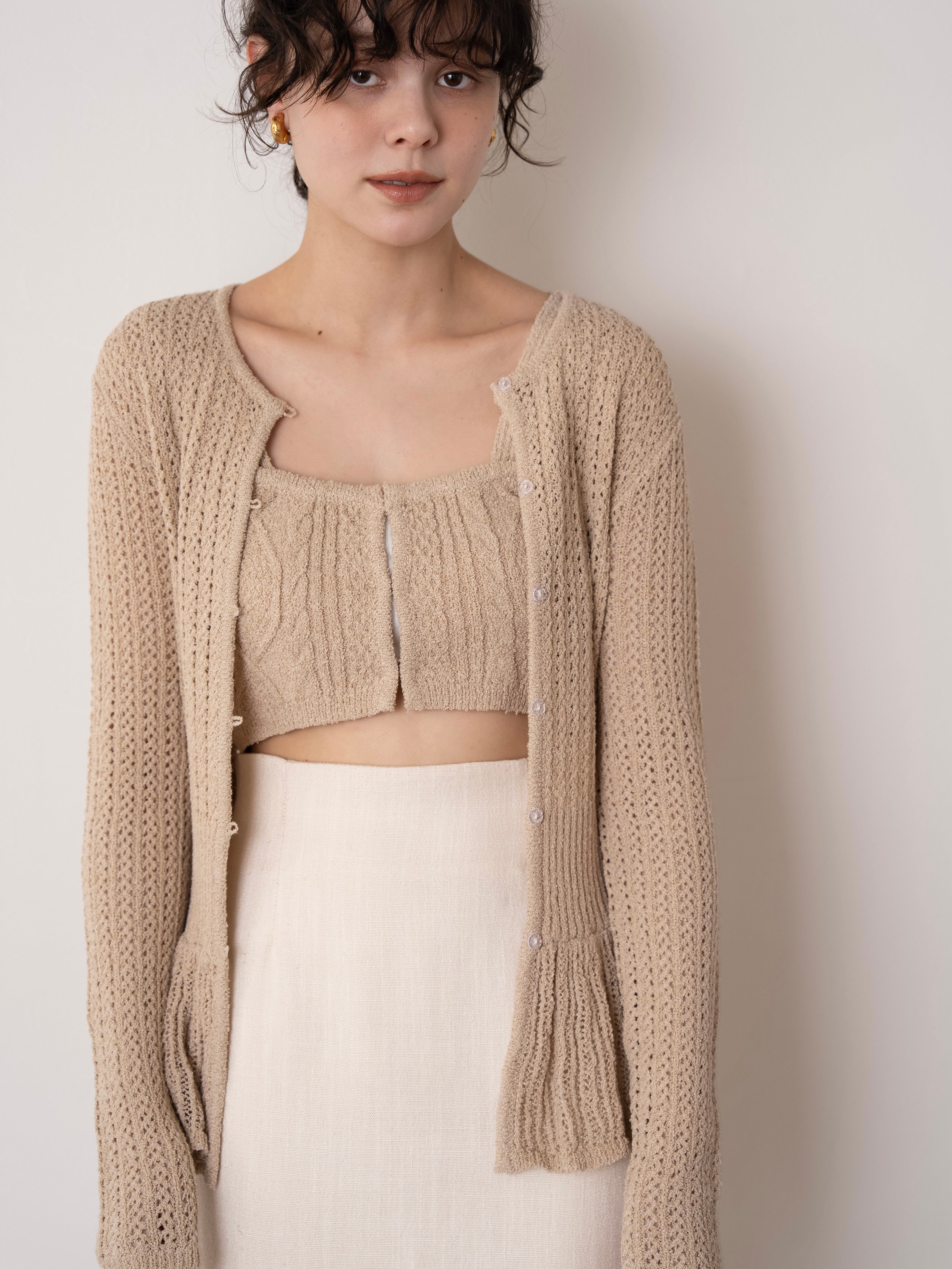 rattan design knit bustier set / beige