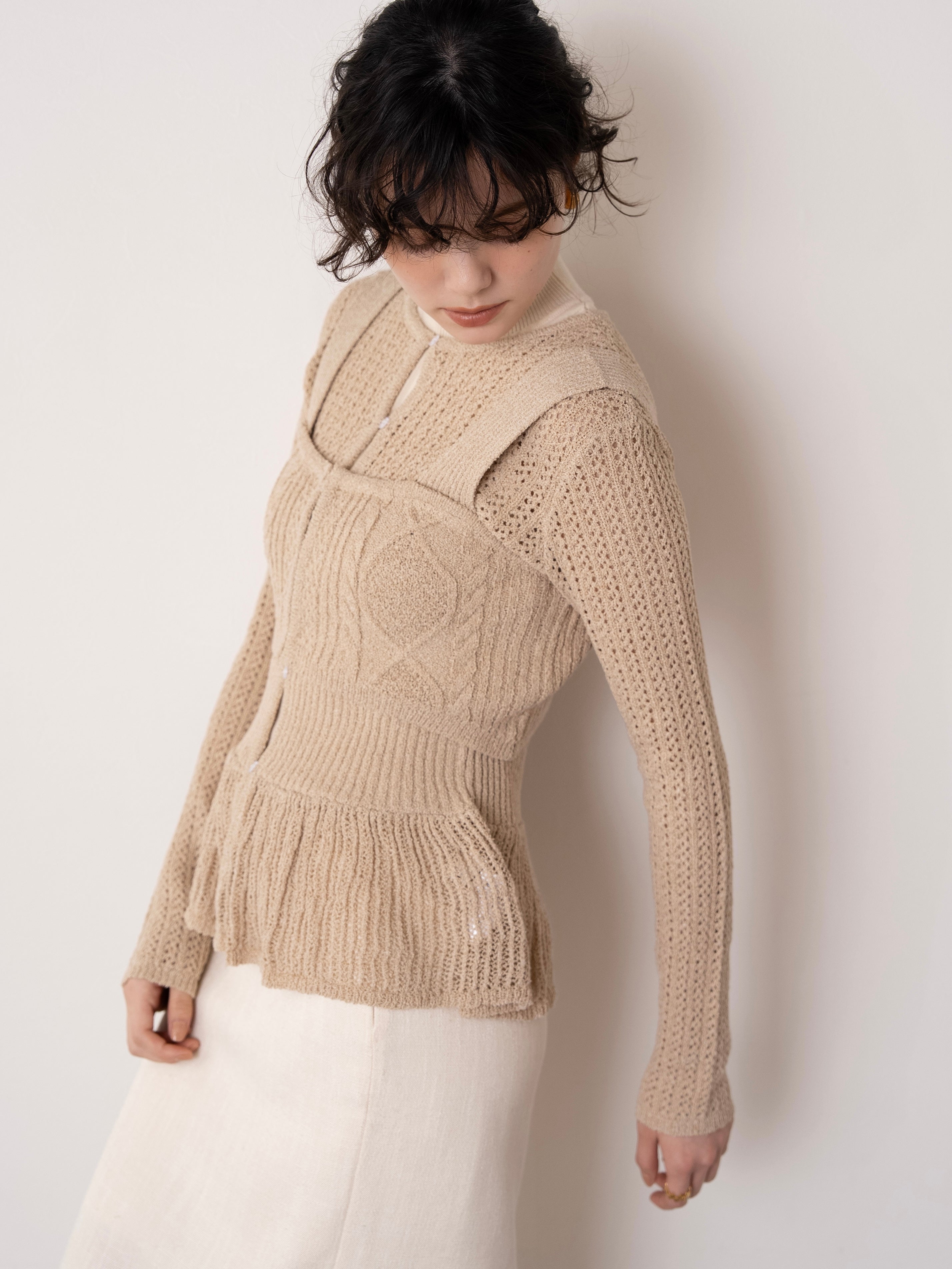 rattan design knit bustier set / beige