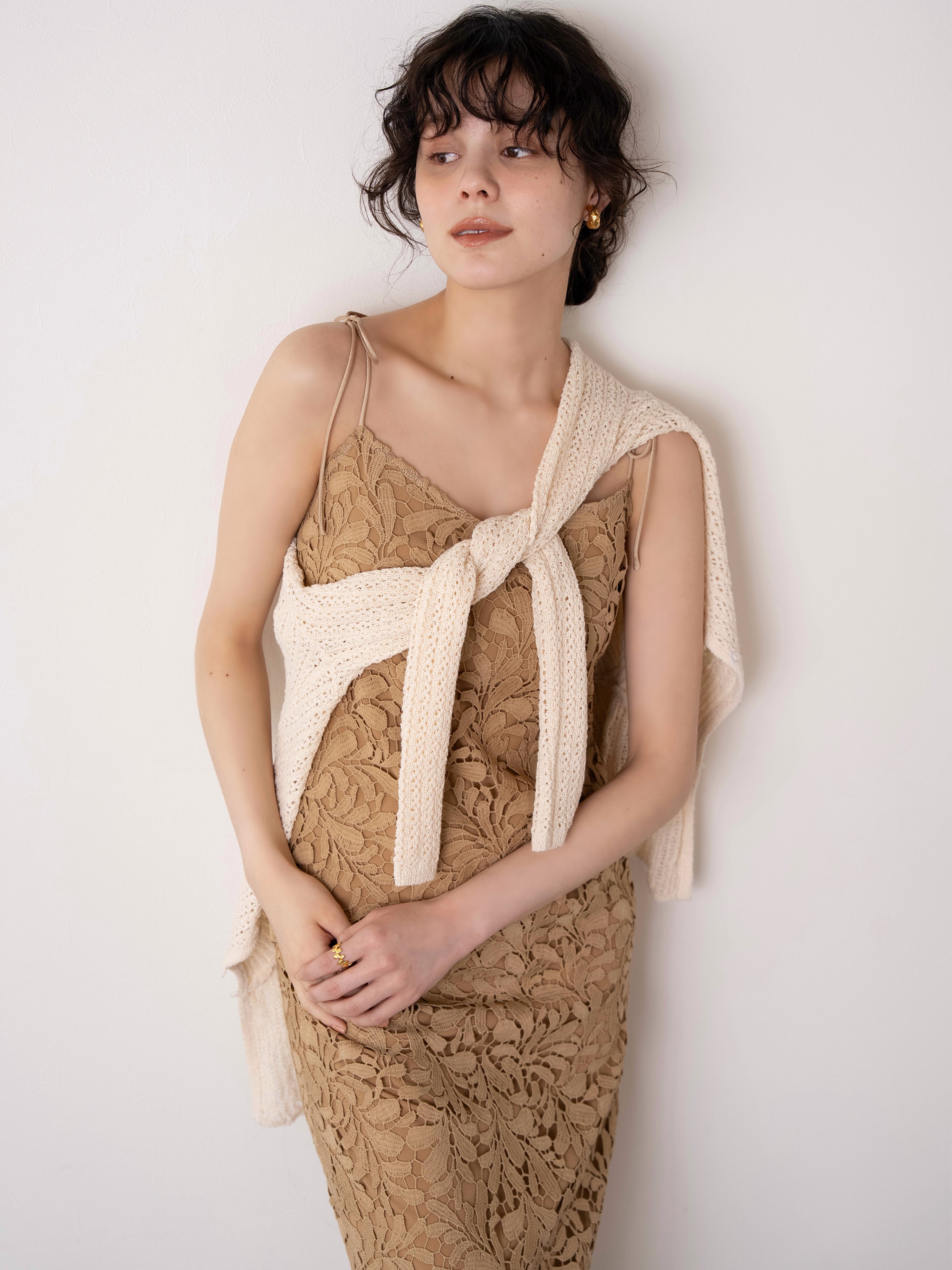 rattan design knit bustier set / ivory