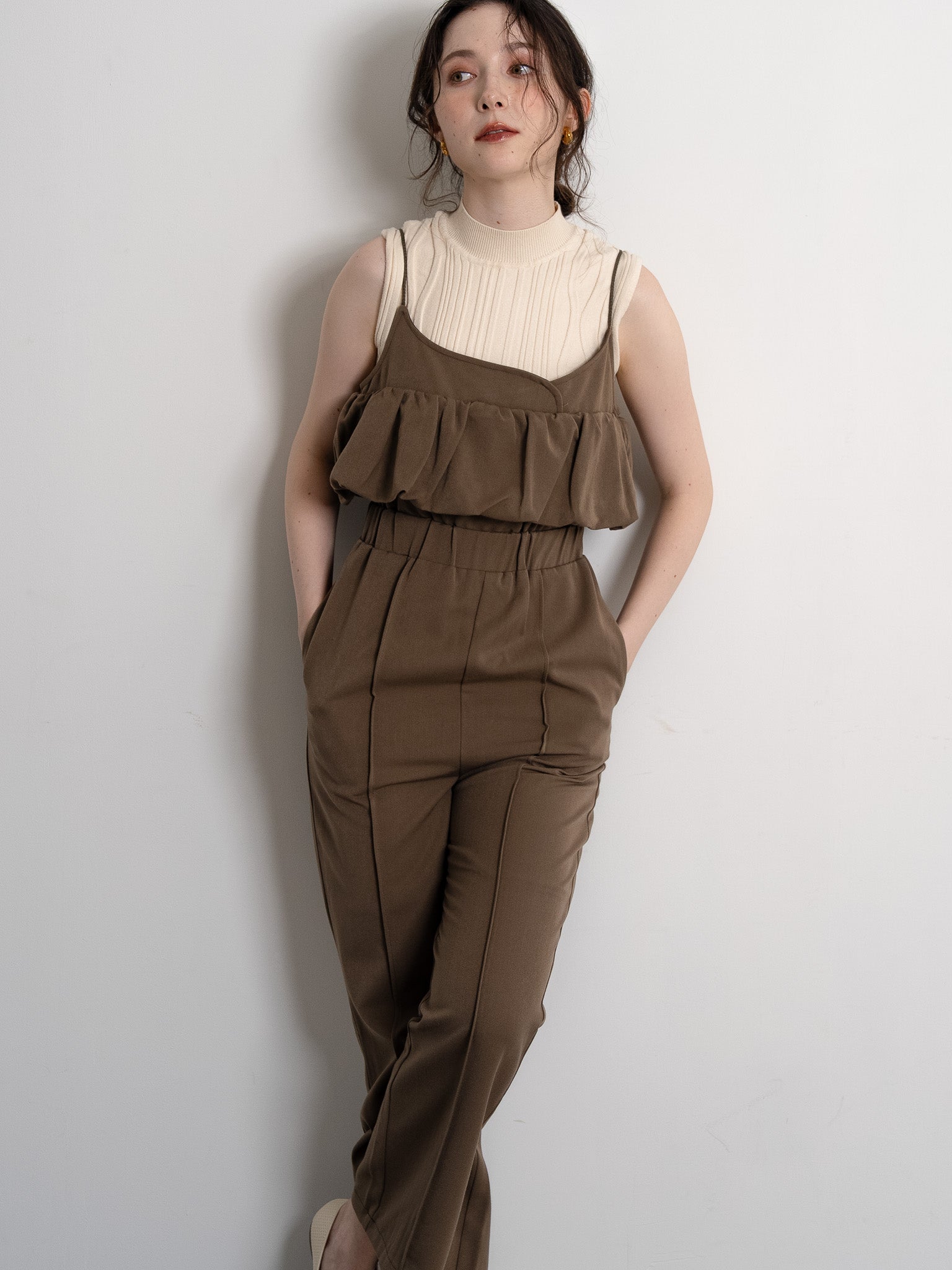 balloon camisole overalls / ash brown