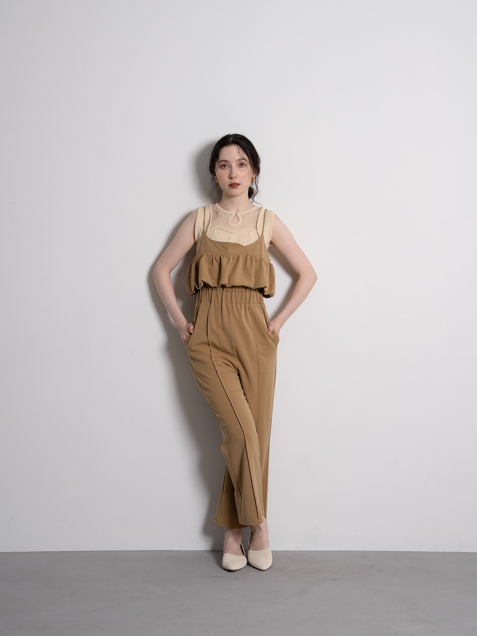 balloon camisole overalls / light brown