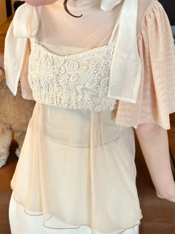 sheer tuck top / pink beige