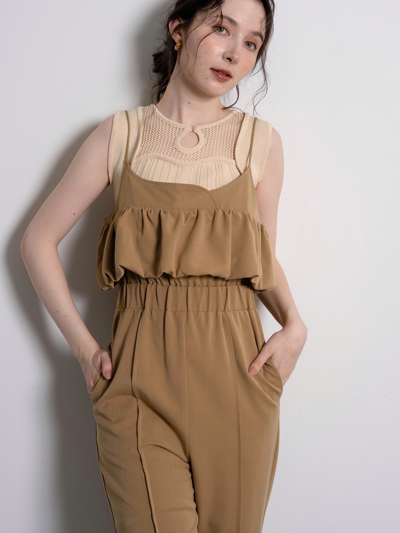 balloon camisole overalls / light brown